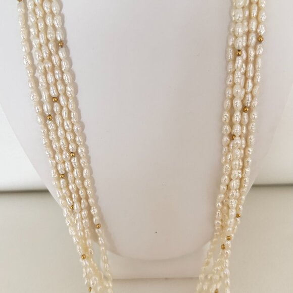 VINTAGE 5 STRAND FRESHWATER RICE PEARL NECKLACE 14K GOLD FILGREE CLASP 31" OPERA - Picture 2 of 8